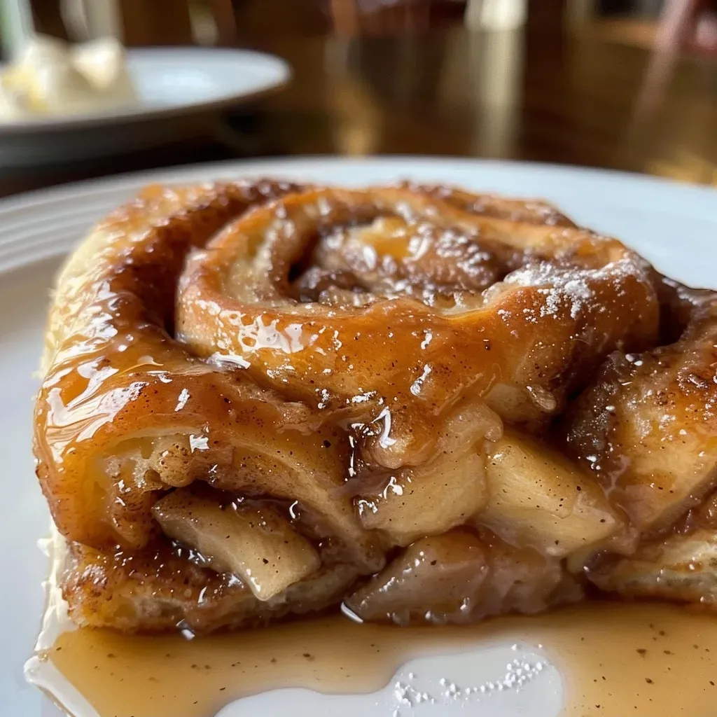 ['Close-up view of a warm Apple Cinnamon Roll drizzled with icing and topped with diced apples.', 'Side view of freshly baked Apple Cinnamon Rolls with a golden-brown crust and a gooey apple filling.', 'Juicy Apple Cinnamon Rolls displayed on a rustic wooden table, showcasing their fluffy texture and cinnamon topping.', 'A delicious Apple Cinnamon Roll with a creamy frosting and bits of apple peeking through the layers.']