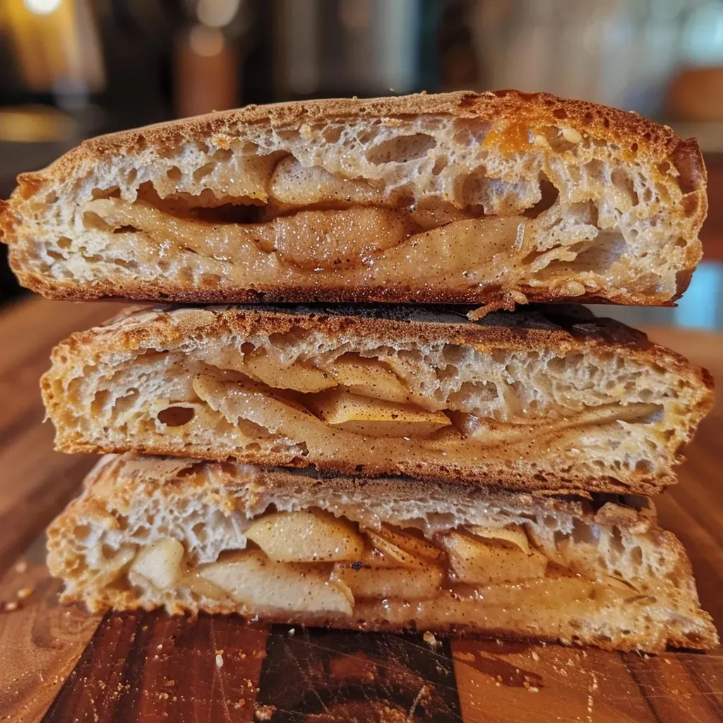 ['Close-up view of apple cinnamon sourdough bread with a golden crust.', 'Side view of a loaf of apple cinnamon sourdough, showcasing its texture and ingredients.', 'Appetizing slice of apple cinnamon sourdough highlighting juicy apple pieces and a cinnamon swirl.', 'Freshly baked apple cinnamon sourdough with a rustic appearance and warm color.']