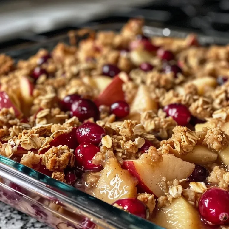 ['Close-up of a freshly baked Apple Cranberry Crisp with a golden-brown topping.', 'A side view of Apple Cranberry Crisp, highlighting the juicy apple and cranberry layers.', 'Delicious Apple Cranberry Crisp served in a baking dish, showcasing its crumbly topping.', 'Juicy Apple Cranberry Crisp with visible apple slices and cranberries, topped with oats.']
