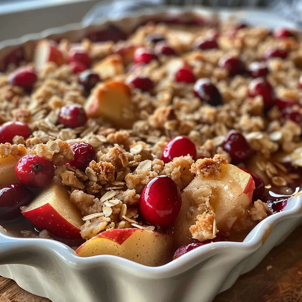 ['Close-up of a freshly baked Apple Cranberry Crisp with a golden-brown topping.', 'A side view of Apple Cranberry Crisp, highlighting the juicy apple and cranberry layers.', 'Delicious Apple Cranberry Crisp served in a baking dish, showcasing its crumbly topping.', 'Juicy Apple Cranberry Crisp with visible apple slices and cranberries, topped with oats.']