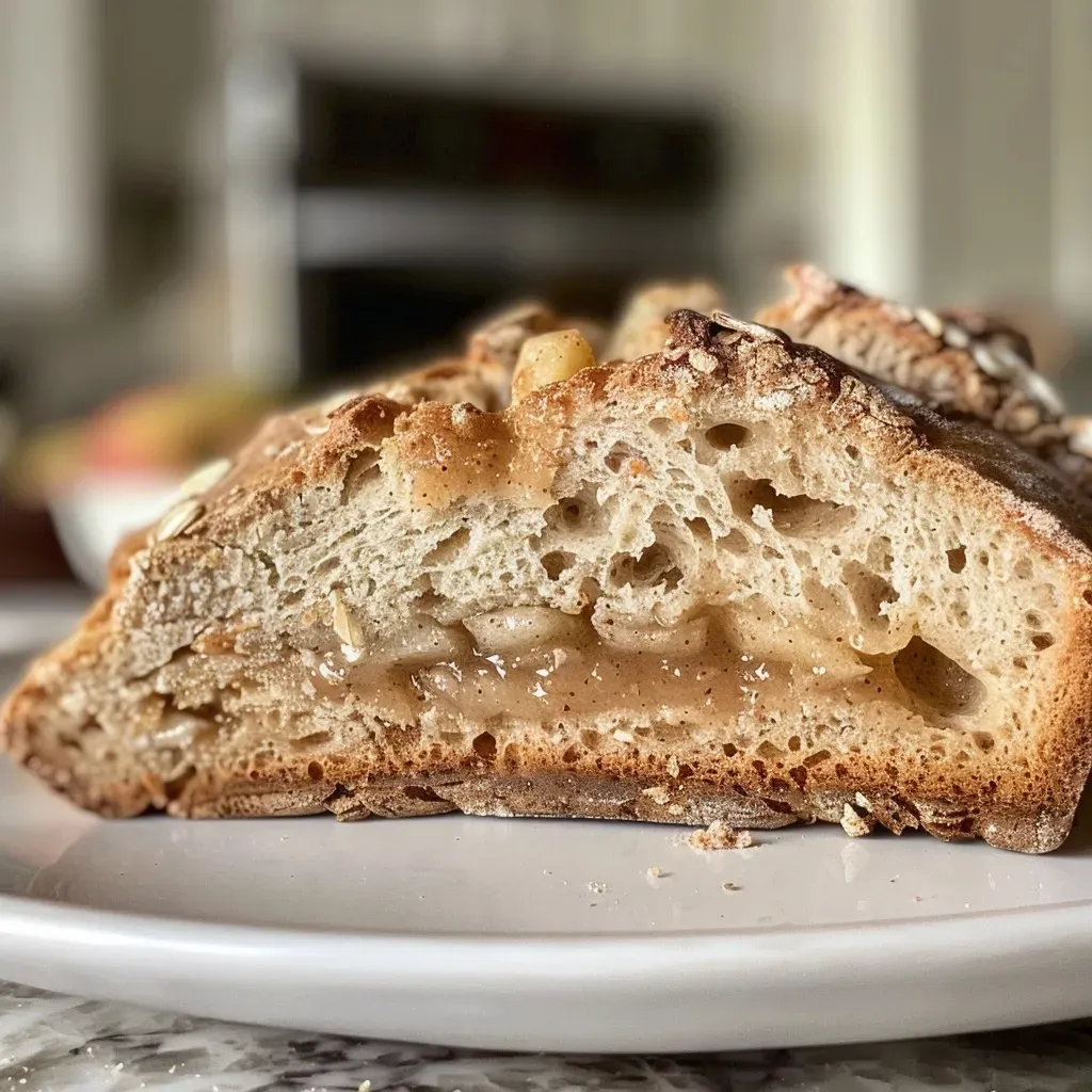 ['Close-up side view of a golden-brown Apple Crisp Artisan Sourdough Bread with visible apple pieces.', 'Detailed shot of crusty Apple Crisp Artisan Sourdough Bread showcasing its soft interior and crisp crust.', 'Side angle of a loaf of Apple Crisp Artisan Sourdough Bread, highlighting the textured crust and apple filling.', 'Mouthwatering image of freshly baked Apple Crisp Artisan Sourdough Bread, featuring apple slices and spices.']