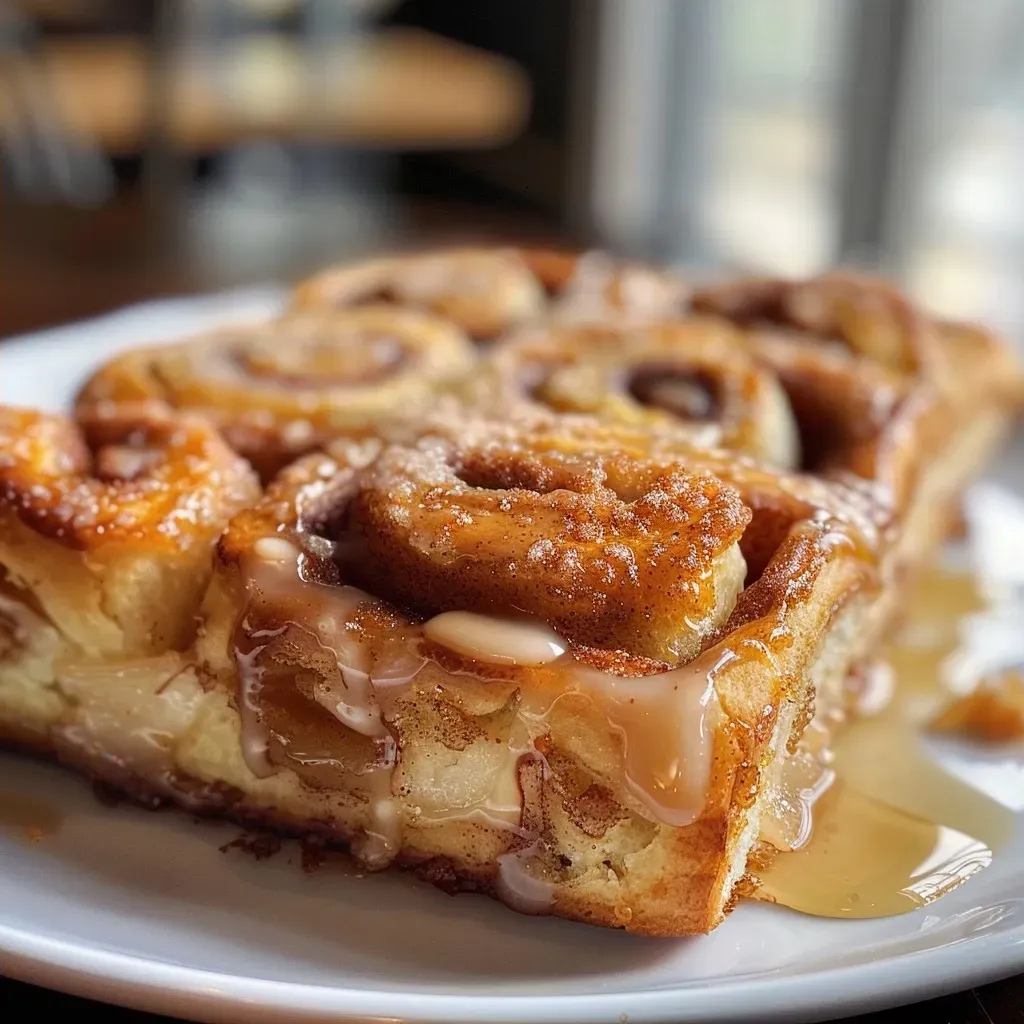 ['Close-up view of golden-brown apple pie cinnamon rolls with drizzled icing.', 'Side view of freshly baked apple pie cinnamon rolls featuring apple filling and cinnamon swirls.', 'Juicy apple pie cinnamon rolls with a glossy icing, highlighting their sweet layers.', 'Appetizing side profile of cinnamon rolls filled with apple pie flavors, showcasing their texture.']