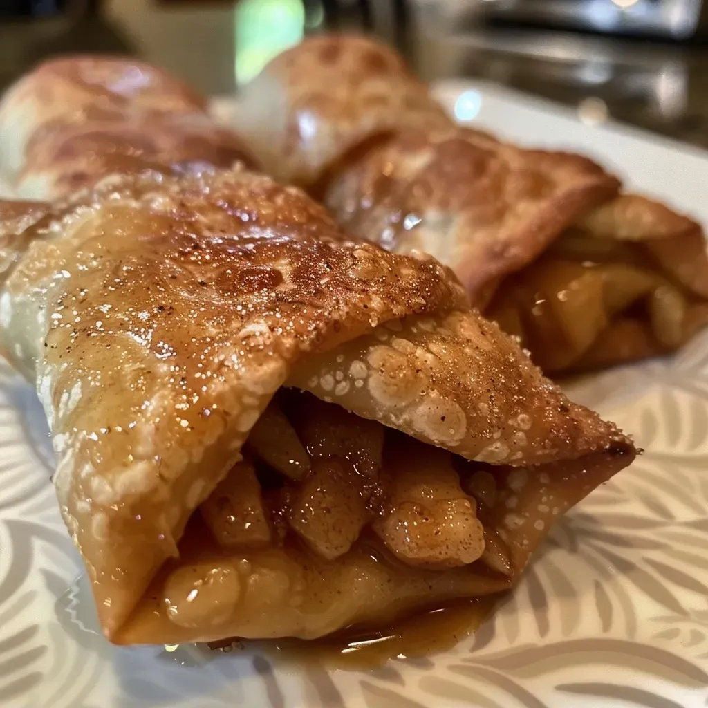 ['Close-up view of golden-brown apple pie egg rolls, showing crispy texture.', 'Side view of freshly fried apple pie egg rolls, with a glistening surface.', 'Dished apple pie egg rolls stacked, highlighting juicy apple filling peeking out.', 'A plate of crispy egg rolls with visible apple chunks and cinnamon dust.']