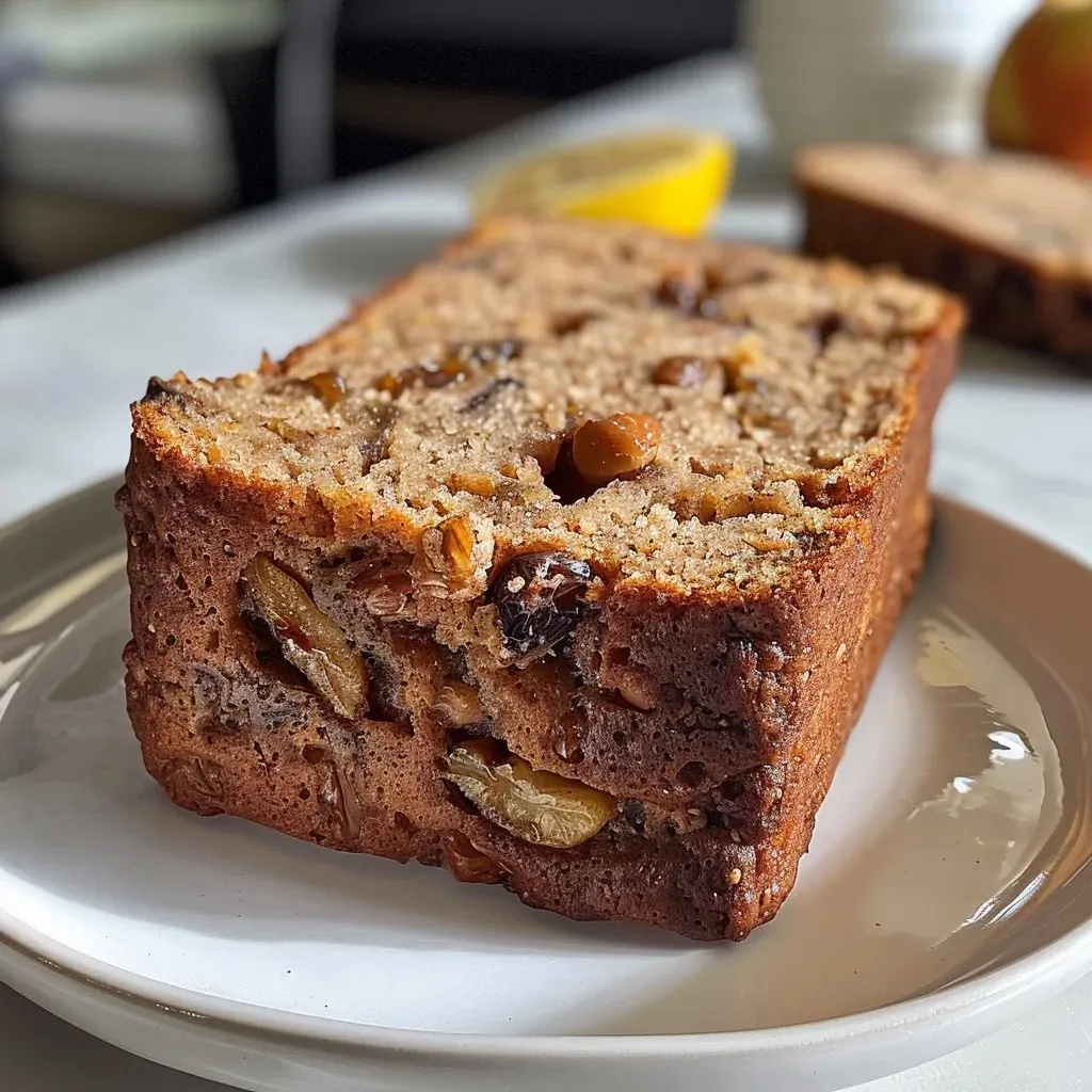 ['Close-up side view of a slice of Apple Raisin and Walnut Bread, showcasing its moist texture and ingredients.', 'Detailed image of freshly baked Apple Raisin and Walnut Bread, highlighting chunks of apple, raisins, and walnuts.', 'A side view of a delicious loaf of Apple Raisin and Walnut Bread, with visible spices and a golden crust.', 'Close-up of a slice of Apple Raisin and Walnut Bread, revealing a mix of fruits and nuts throughout the soft interior.']