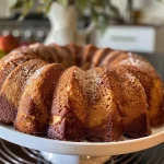 ['A side view of a luscious Apple Spice Bundt Cake topped with a smooth vanilla glaze.', 'Close-up image of a moist Apple Spice Bundt Cake with a glossy vanilla icing.', 'A beautifully presented Apple Spice Bundt Cake showcasing its rich texture and glaze.', 'An appetizing side view of an Apple Spice Bundt Cake drizzled with vanilla glaze.']