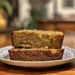 ['Close-up view of freshly baked apple zucchini bread with a golden crust and visible apple chunks.', 'Side view of moist apple zucchini bread showcasing its fluffy texture and studded with pieces of apple and zucchini.', 'Appetizing slice of apple zucchini bread featuring a brown exterior and hints of cinnamon.', 'Delicious apple zucchini bread displayed on a rustic wooden surface, highlighting its soft interior.']