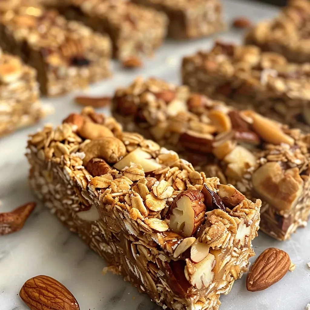 ['Close-up of a side view of homemade apple cinnamon granola bars stacked on a wooden cutting board.', 'Side perspective of a delicious granola bar featuring visible chunks of apples and nuts.', 'Detailed view of apple cinnamon granola bars showing a crunchy texture and nut toppings.', 'Close-up shot highlighting the golden color and ingredients of apple cinnamon granola bars.']
