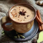 ['Close-up of a steaming cup of authentic Masala Chai with spices and tea leaves.', 'Side view of a vibrant cup of Masala Chai showcasing its rich brown color and spices.', 'A beautifully arranged cup of Masala Chai surrounded by its fragrant ingredients.', 'Detailed view of a Masala Chai cup with visible spices and tea leaves, radiating warmth.']