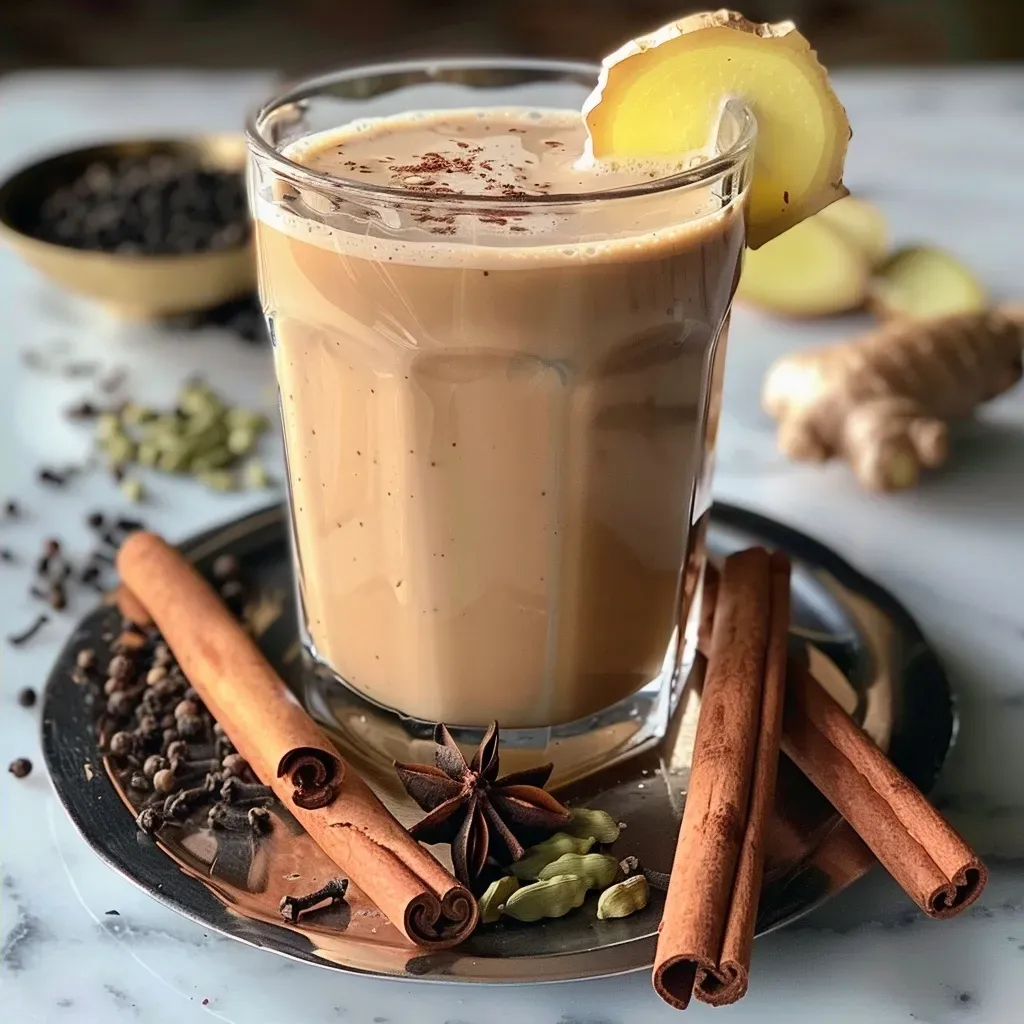 ['Close-up of a steaming cup of authentic Masala Chai with spices and tea leaves.', 'Side view of a vibrant cup of Masala Chai showcasing its rich brown color and spices.', 'A beautifully arranged cup of Masala Chai surrounded by its fragrant ingredients.', 'Detailed view of a Masala Chai cup with visible spices and tea leaves, radiating warmth.']