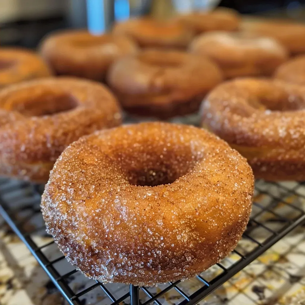 ['Close-up view of baked apple cider donuts with a golden brown crust and a sugary topping.', 'Side view of freshly baked apple cider donuts, showcasing their fluffy texture and cinnamon sugar coating.', 'Juicy apple cider donuts with a glossy finish and sprinkled with a mix of granulated sugar and spices.', 'Delicious baked apple cider donuts, displaying rich colors and a tempting outer layer of sugar.']