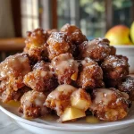 ['Close-up of golden baked apple fritter bites arranged on a plate.', 'Juicy apple fritter bites with a glistening glaze and sprinkled powdered sugar.', 'A side view of fluffy baked apple fritter bites showcasing diced apples inside.', 'Freshly baked apple fritter bites with a warm, inviting appearance and cinnamon dusting.']
