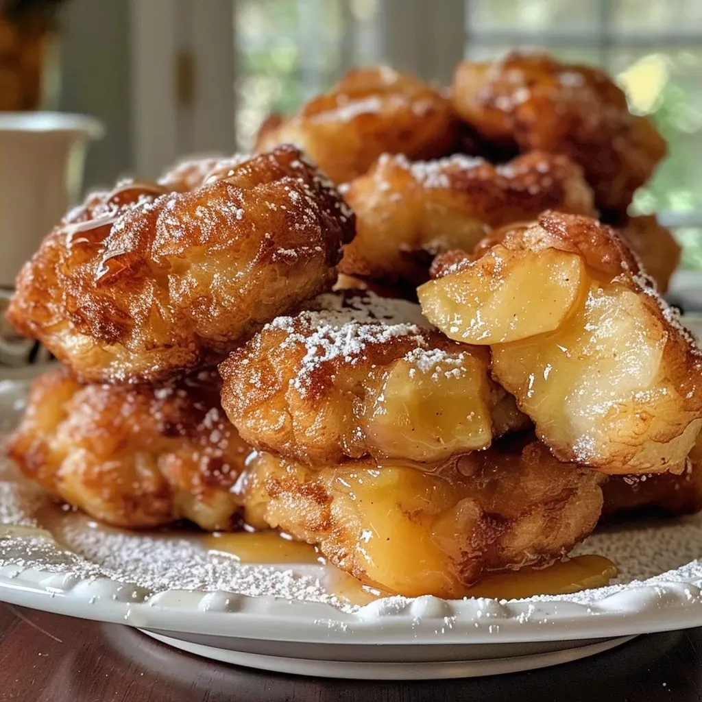 ['Close-up of golden baked apple fritter bites arranged on a plate.', 'Juicy apple fritter bites with a glistening glaze and sprinkled powdered sugar.', 'A side view of fluffy baked apple fritter bites showcasing diced apples inside.', 'Freshly baked apple fritter bites with a warm, inviting appearance and cinnamon dusting.']