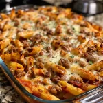 ['Close-up side view of a steaming plate of baked ziti, showcasing layers of pasta, sauce, and melted cheese.', 'A vibrant dish of baked ziti, featuring ziti pasta mixed with rich tomato sauce and topped with gooey mozzarella cheese.', 'Side view of a cheesy baked ziti, revealing sausage, herbs, and a golden crust of melted cheese on top.', 'Delicious baked ziti on a plate, highlighting the pasta, Italian sausage, and a sprinkle of parsley.']