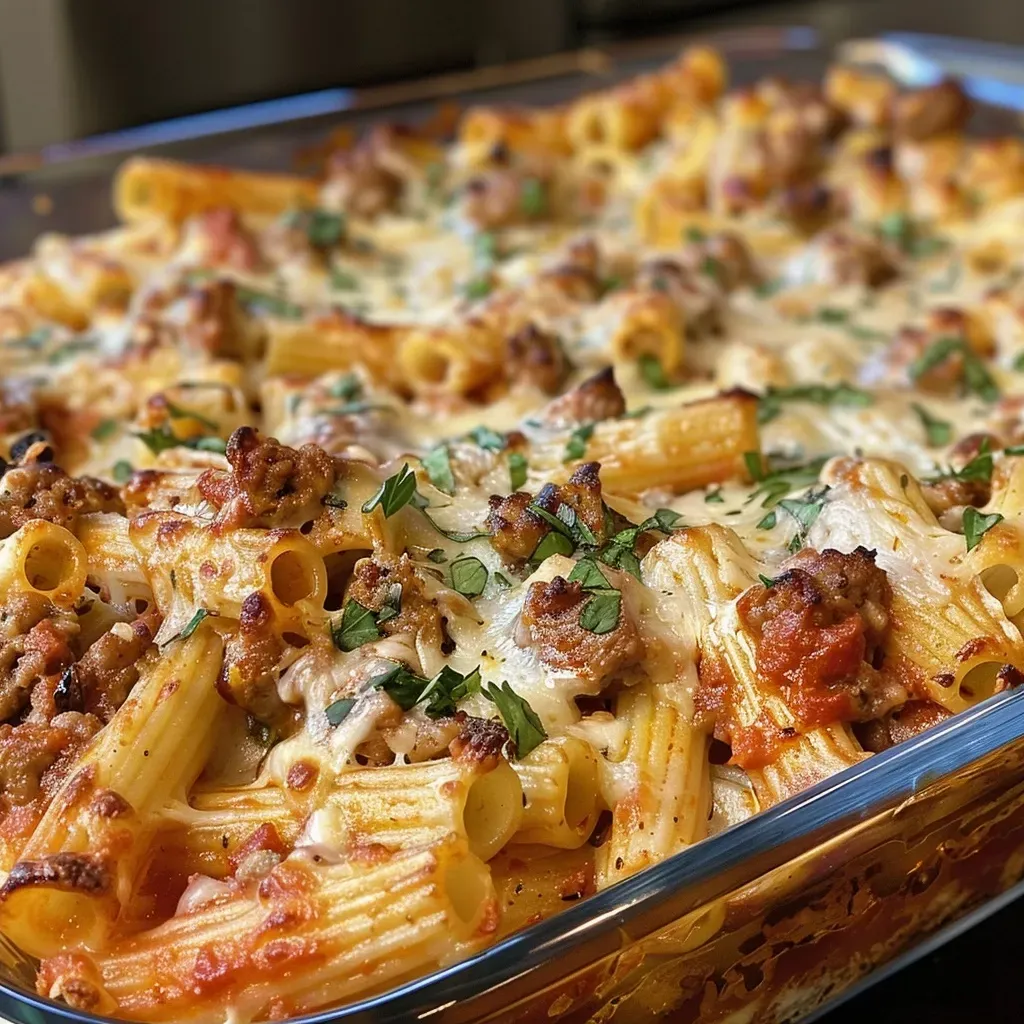 ['Close-up side view of a steaming plate of baked ziti, showcasing layers of pasta, sauce, and melted cheese.', 'A vibrant dish of baked ziti, featuring ziti pasta mixed with rich tomato sauce and topped with gooey mozzarella cheese.', 'Side view of a cheesy baked ziti, revealing sausage, herbs, and a golden crust of melted cheese on top.', 'Delicious baked ziti on a plate, highlighting the pasta, Italian sausage, and a sprinkle of parsley.']