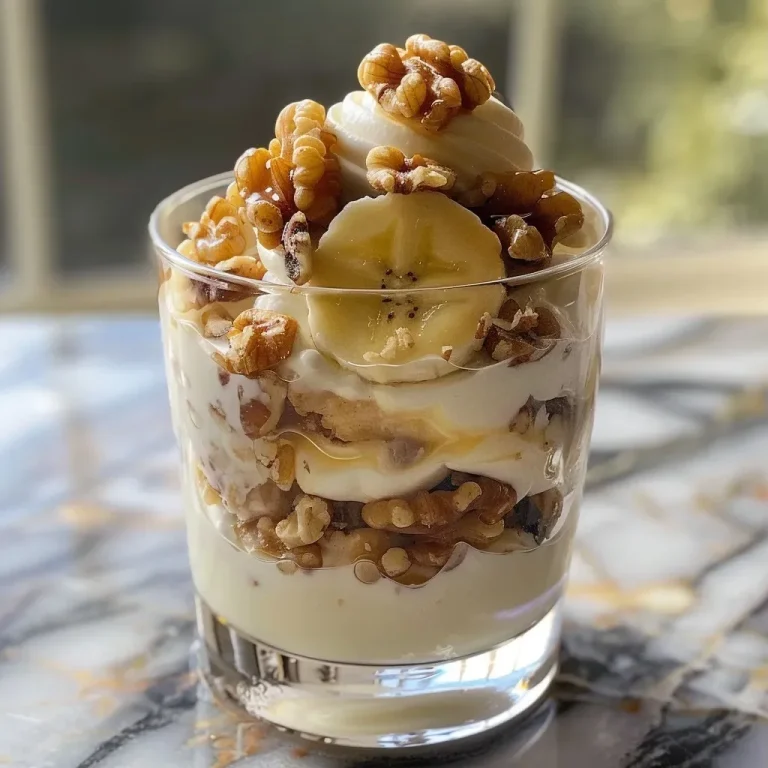 ['An up-close side view of a banana maple walnut yogurt parfait in a glass.', 'A delicious layered parfait featuring yogurt, banana slices, and walnuts in syrup.', 'A creamy yogurt parfait with sliced bananas, glazed walnuts, and a dollop of whipped topping.', 'Side view of a colorful banana walnut yogurt parfait served in a clear glass.']