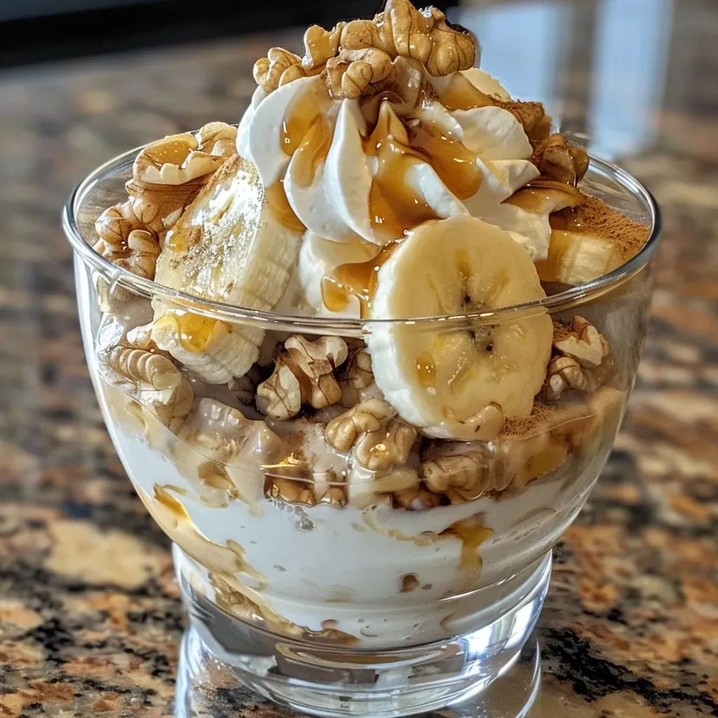 ['An up-close side view of a banana maple walnut yogurt parfait in a glass.', 'A delicious layered parfait featuring yogurt, banana slices, and walnuts in syrup.', 'A creamy yogurt parfait with sliced bananas, glazed walnuts, and a dollop of whipped topping.', 'Side view of a colorful banana walnut yogurt parfait served in a clear glass.']