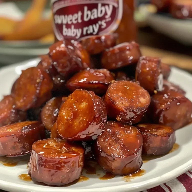 ['Close-up shot of BBQ smoked sausage bites glazed with barbecue sauce.', 'Juicy smoked sausage slices served with a glossy barbecue sauce.', 'Side view of succulent BBQ sausage bites on a white plate.', 'Appetizing BBQ smoked sausage pieces drenched in sauce.']