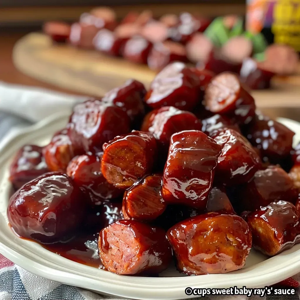 ['Close-up shot of BBQ smoked sausage bites glazed with barbecue sauce.', 'Juicy smoked sausage slices served with a glossy barbecue sauce.', 'Side view of succulent BBQ sausage bites on a white plate.', 'Appetizing BBQ smoked sausage pieces drenched in sauce.']
