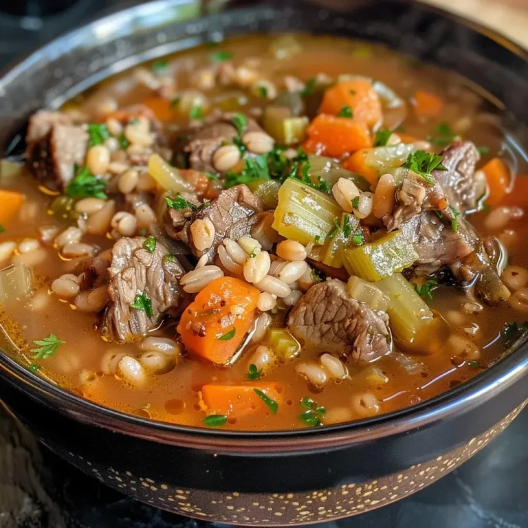 ['Close-up view of a bowl of Beef Barley Soup with visible ingredients like beef, barley, and vegetables.', 'Side view of a hearty Beef Barley Soup showcasing chunks of beef, carrots, and a thick broth.', 'Detailed photograph of Beef Barley Soup with a focus on the beef and barley grains floating in the broth.', 'Vibrant image of Beef Barley Soup, highlighting the rich colors of vegetables and beef in a warm broth.']