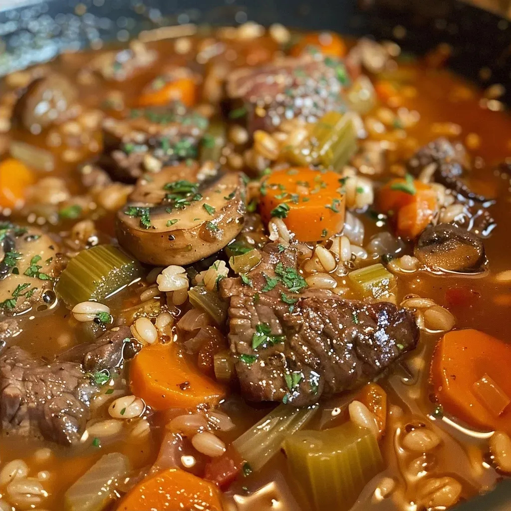 ['Close-up view of a bowl of Beef Barley Soup with visible ingredients like beef, barley, and vegetables.', 'Side view of a hearty Beef Barley Soup showcasing chunks of beef, carrots, and a thick broth.', 'Detailed photograph of Beef Barley Soup with a focus on the beef and barley grains floating in the broth.', 'Vibrant image of Beef Barley Soup, highlighting the rich colors of vegetables and beef in a warm broth.']
