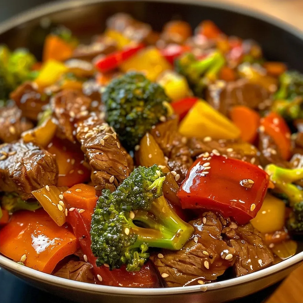 ['Close-up view of a colorful beef stir-fry with vegetables, highlighting juicy beef and vibrant peppers.', 'Side angle of a delicious beef stir-fry dish featuring tender beef and a mix of fresh vegetables.', 'A vivid presentation of beef stir-fry with broccoli, bell peppers, and carrots, garnished with sesame seeds.', 'Delicious beef stir-fry with a variety of vegetables, showcasing the fresh ingredients and vibrant colors.']