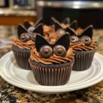 ['A close-up view of black cat-themed cupcakes adorned with candy eyes and chocolate pocky sticks.', 'Side view of rich black cat cupcakes decorated with chocolate sprinkles and heart sprinkles.', 'Detailed photo of dark chocolate cupcakes shaped like black cats, featuring chocolate buttercream frosting.', 'Delicious black cat cupcakes with playful candy eyes and a glossy chocolate finish.']
