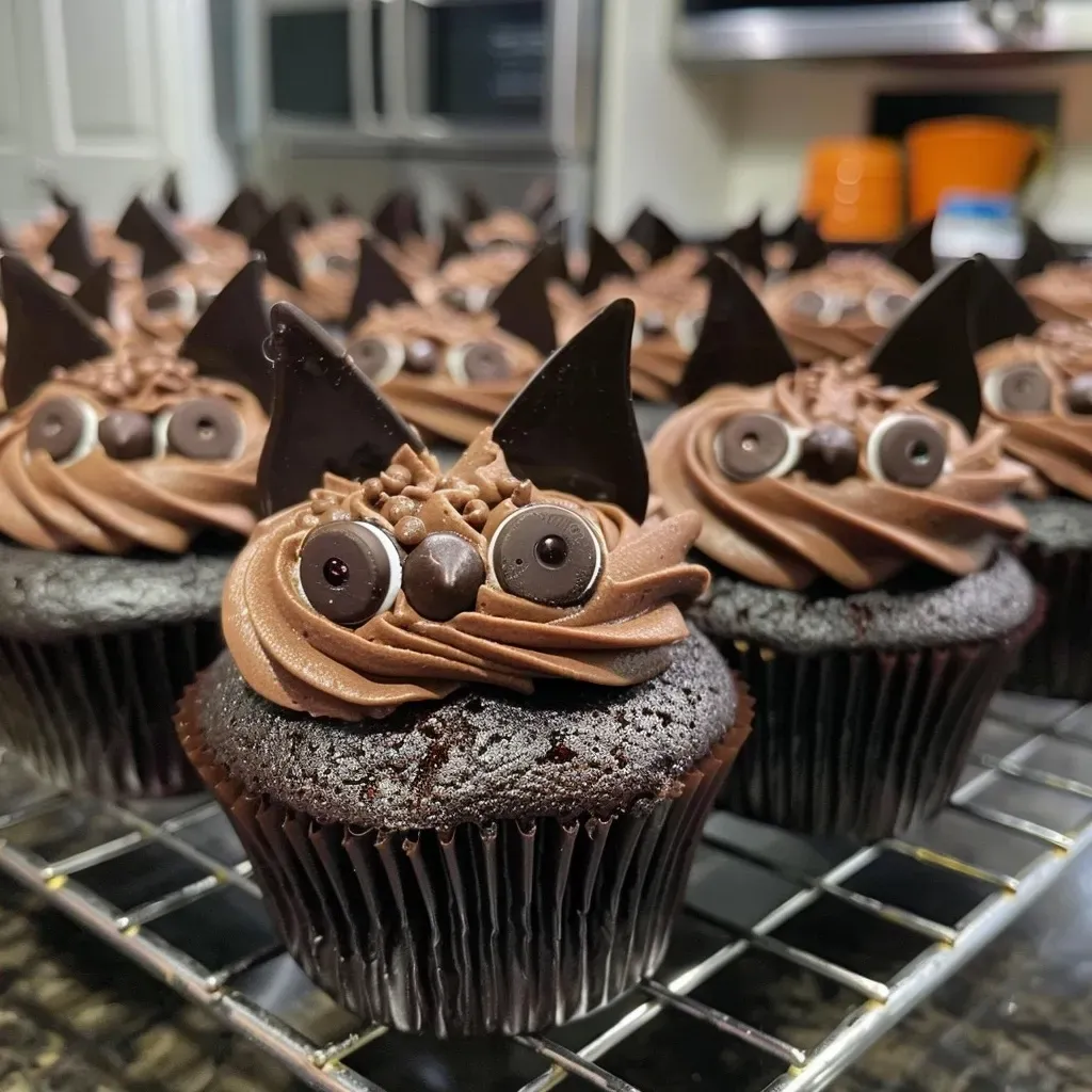 ['A close-up view of black cat-themed cupcakes adorned with candy eyes and chocolate pocky sticks.', 'Side view of rich black cat cupcakes decorated with chocolate sprinkles and heart sprinkles.', 'Detailed photo of dark chocolate cupcakes shaped like black cats, featuring chocolate buttercream frosting.', 'Delicious black cat cupcakes with playful candy eyes and a glossy chocolate finish.']