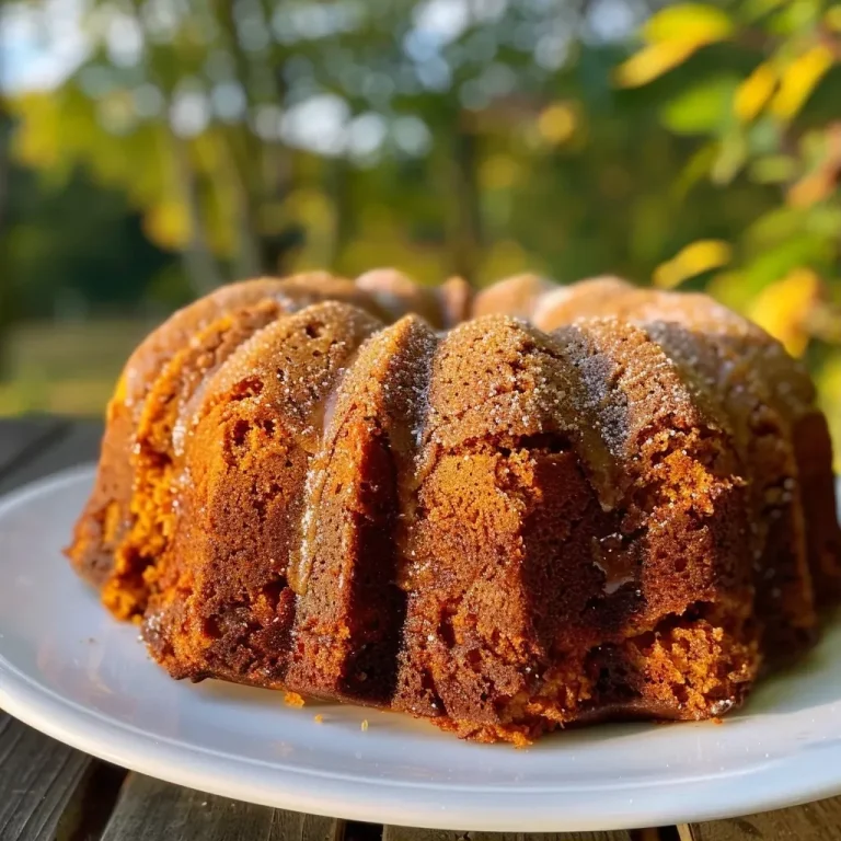 ['Close-up side view of a brown butter pumpkin bundt cake topped with a maple glaze.', 'Detailed view of a moist pumpkin bundt cake with a glossy maple glaze drizzling down the sides.', 'Side profile of a luscious brown butter pumpkin bundt cake, showcasing its texture and glaze.', 'Rich pumpkin bundt cake with a golden brown color and a smooth maple glaze, captured from the side.']