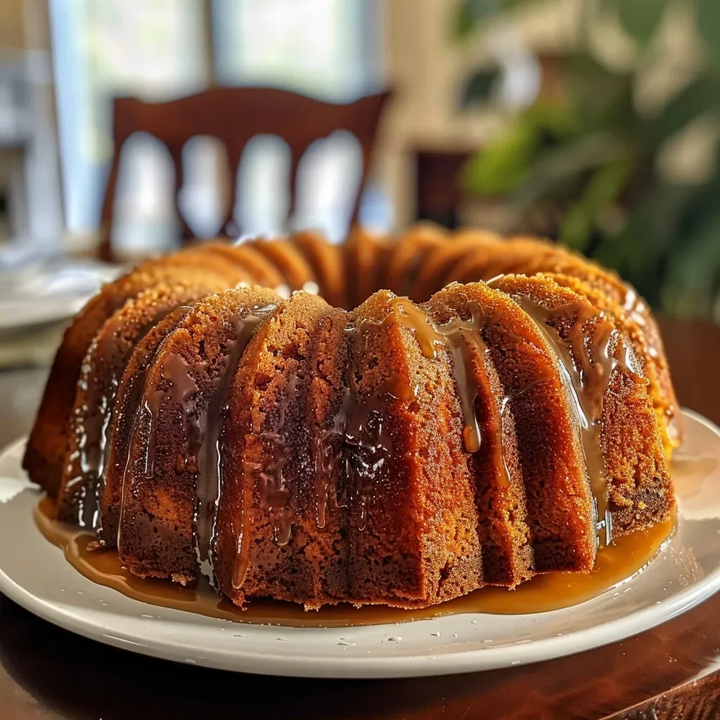 Close-up side view of a brown butter pumpkin bundt cake topped with a maple glaze.