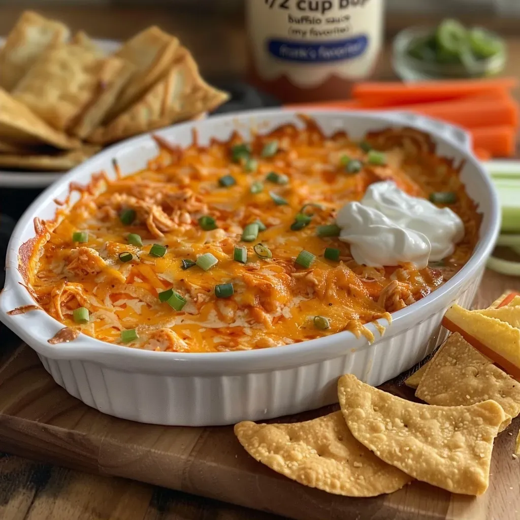 ['Creamy Buffalo Chicken Dip with shredded cheese and cooked chicken in a bowl.', 'Close-up of a savory Buffalo Chicken Dip showcasing a rich texture and melted cheese.', 'Side view of Buffalo Chicken Dip with visible chunks of chicken and creamy topping.', 'Delicious Buffalo Chicken Dip in a bowl, garnished and ready to serve.']