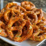 ['Close-up of golden-brown Buffalo Ranch Crack Pretzels glistening with seasoning.', 'Side view of seasoned pretzels coated in a spicy Buffalo ranch flavor.', 'Appetizing arrangement of Buffalo Ranch Crack Pretzels with a crunchy texture.', 'Delicious Buffalo Ranch Crack Pretzels, highlighting their twist shape and flavor coating.']