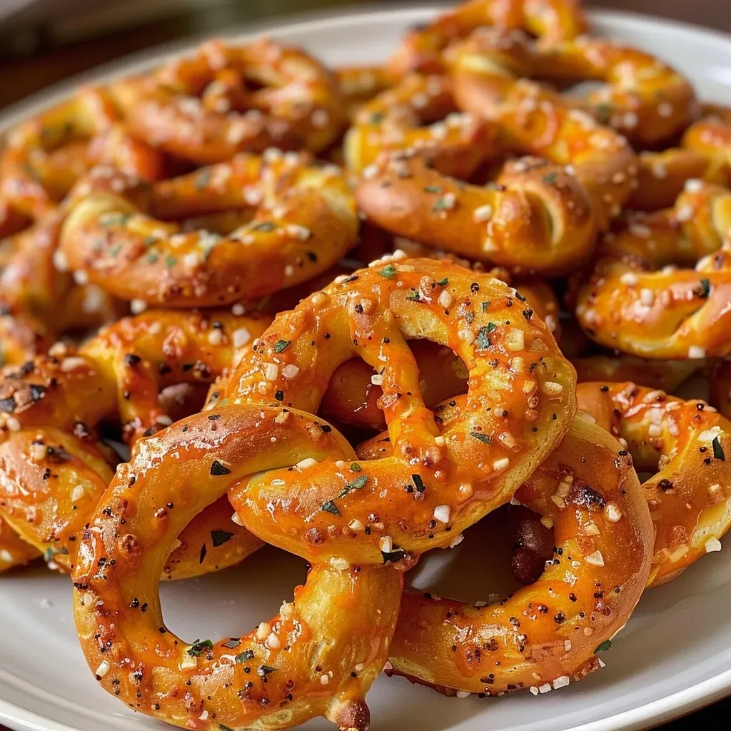 Close-up of golden-brown Buffalo Ranch Crack Pretzels glistening with seasoning.