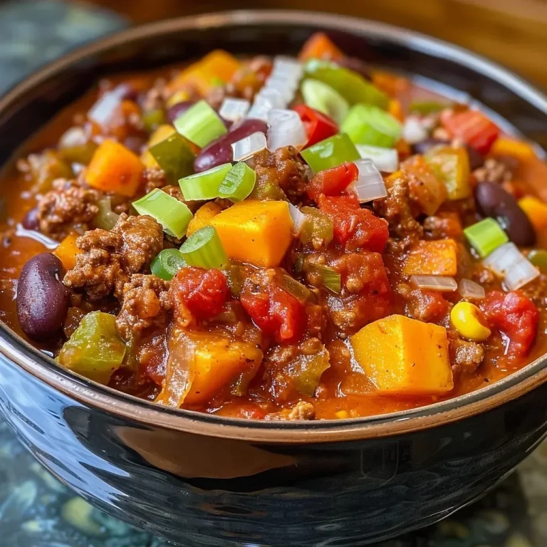 ['Close-up view of a bowl of butternut squash chili with ground meat and colorful vegetables.', 'Side view of a hearty butternut squash chili, showcasing rich ingredients like beans and peppers.', 'Juicy butternut squash chili displayed in a rustic bowl, highlighting chunks of squash and vibrant colors.', 'Delicious butternut squash chili in a bowl, featuring ground turkey or beef and a medley of vegetables.']