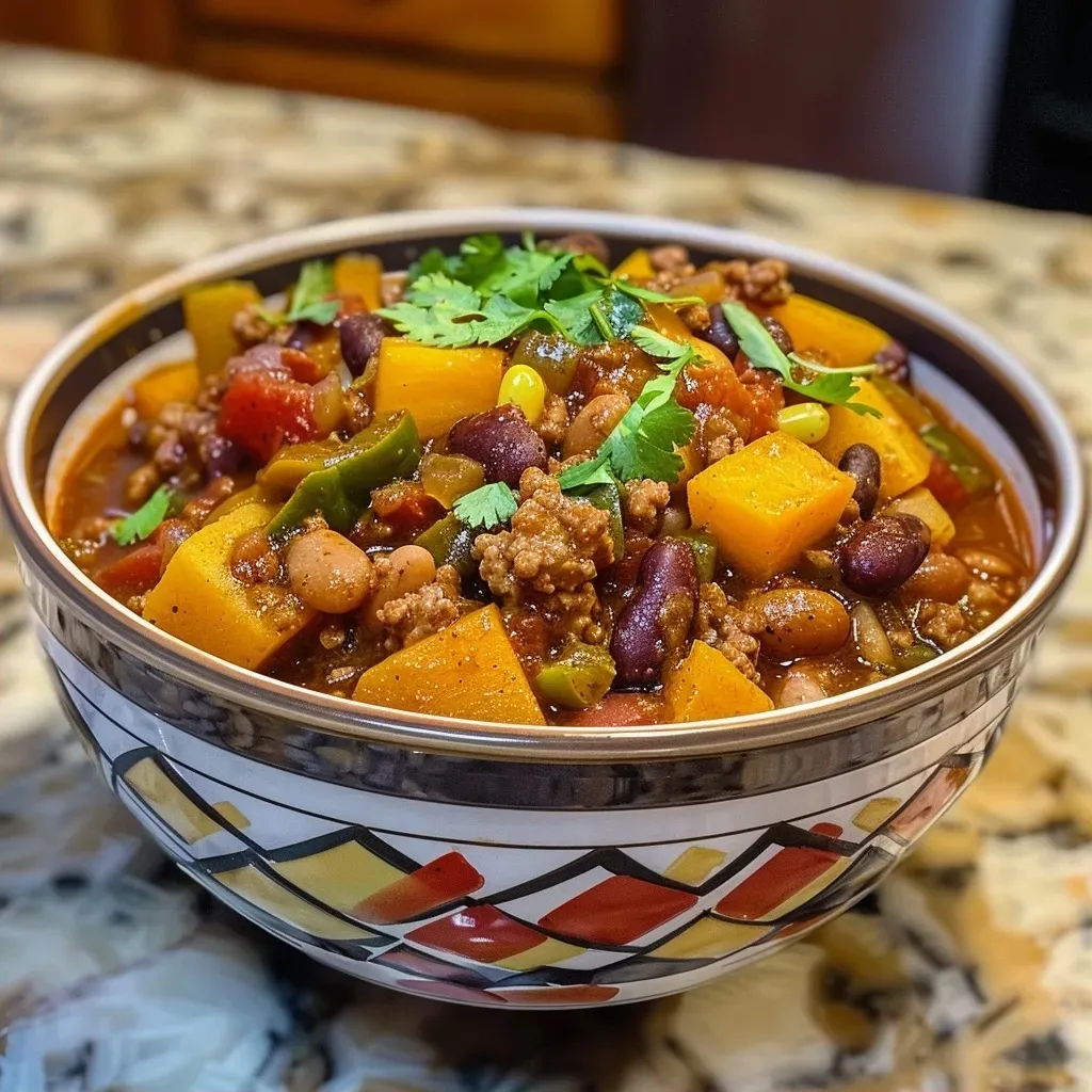['Close-up view of butternut squash chili in a bowl, showing colorful ingredients.', 'Side angle of a hearty bowl of butternut squash chili with vibrant toppings.', 'Juicy butternut squash chili captured from the side, highlighting its rich texture.', 'Delicious butternut squash chili in a rustic bowl, featuring peppers and herbs.']