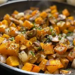 ['Close-up view of a colorful butternut squash hash with eggs, featuring diced squash, onions, and mushrooms.', 'A hearty butternut squash hash with runny eggs, garnished with fresh herbs, presented in a vibrant serving dish.', "Side view of a plate of butternut squash hash topped with eggs, showcasing the dish's rich colors and textures.", 'A delicious butternut squash hash with perfectly cooked eggs, highlighting the diced ingredients and herbs.']