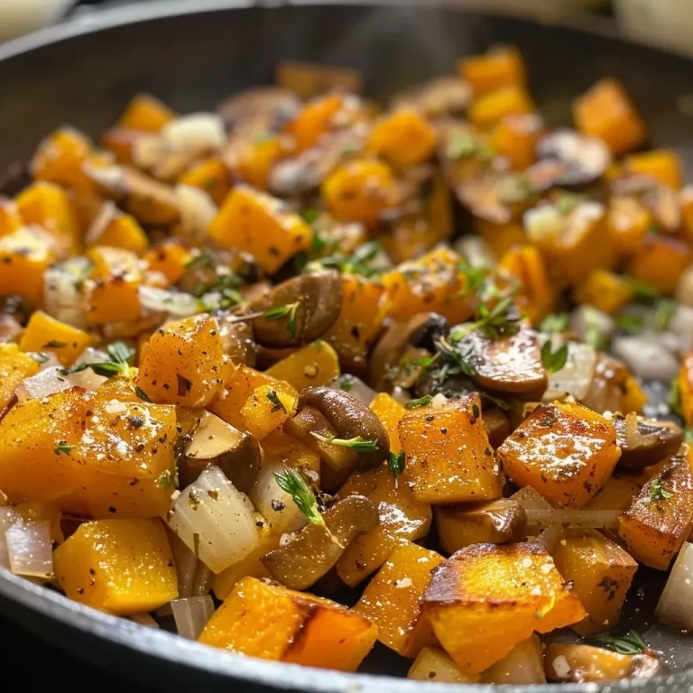 ['Close-up view of a colorful butternut squash hash with eggs, featuring diced squash, onions, and mushrooms.', 'A hearty butternut squash hash with runny eggs, garnished with fresh herbs, presented in a vibrant serving dish.', "Side view of a plate of butternut squash hash topped with eggs, showcasing the dish's rich colors and textures.", 'A delicious butternut squash hash with perfectly cooked eggs, highlighting the diced ingredients and herbs.']