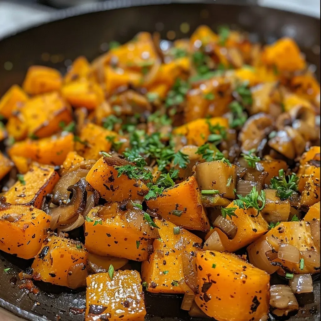 ['Close-up view of a colorful butternut squash hash with eggs, featuring diced squash, onions, and mushrooms.', 'A hearty butternut squash hash with runny eggs, garnished with fresh herbs, presented in a vibrant serving dish.', 