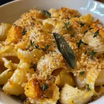 ['Close-up view of creamy butternut squash mac and cheese with shell pasta and herbs.', 'Side view of a bowl filled with butternut squash mac and cheese, showcasing a golden creamy texture.', 'Detailed shot of cheesy butternut squash pasta dish adorned with herbs, revealing its rich color.', "Appetizing close-up of butternut squash mac and cheese, emphasizing the dish's creamy consistency."]