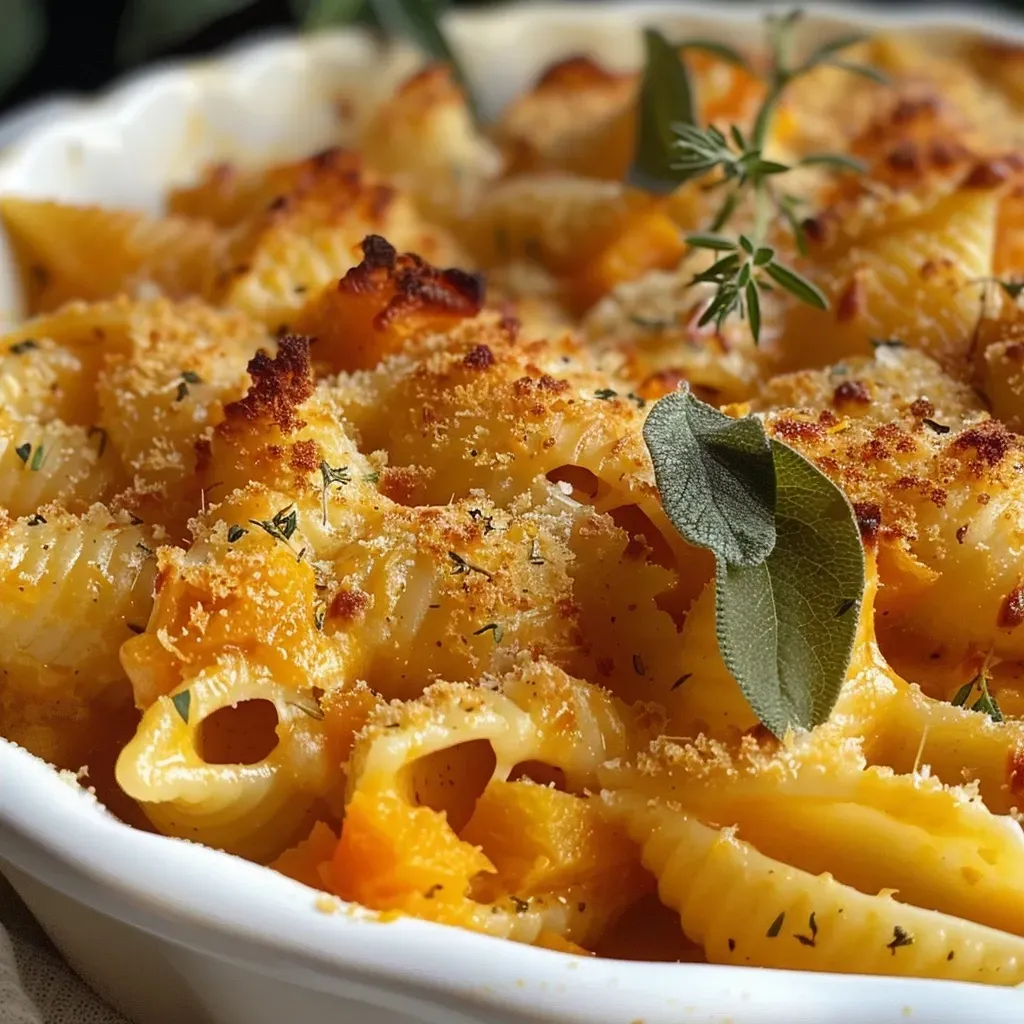 ['Close-up view of creamy butternut squash mac and cheese with shell pasta and herbs.', 'Side view of a bowl filled with butternut squash mac and cheese, showcasing a golden creamy texture.', 'Detailed shot of cheesy butternut squash pasta dish adorned with herbs, revealing its rich color.', 