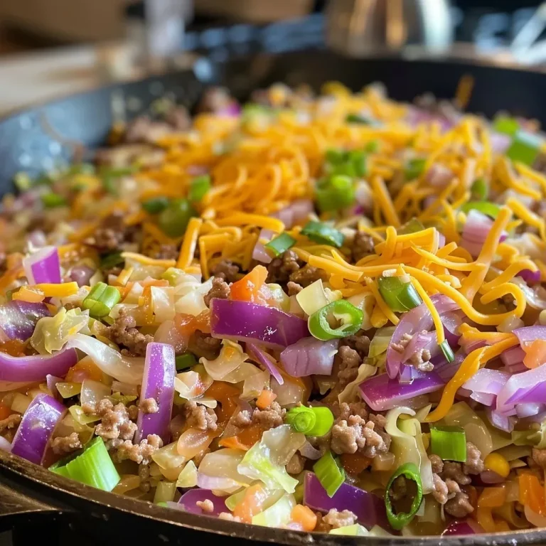 ['Close-up of a sizzling cabbage and ground beef skillet with colorful vegetables.', 'Juicy cabbage and ground beef mixture in a skillet, showcasing vibrant ingredients.', 'Side view of a hearty cabbage and ground beef dish, enhanced with cheese and salsa.', 'Delicious ground beef and cabbage skillet filled with fresh ingredients and spices.']