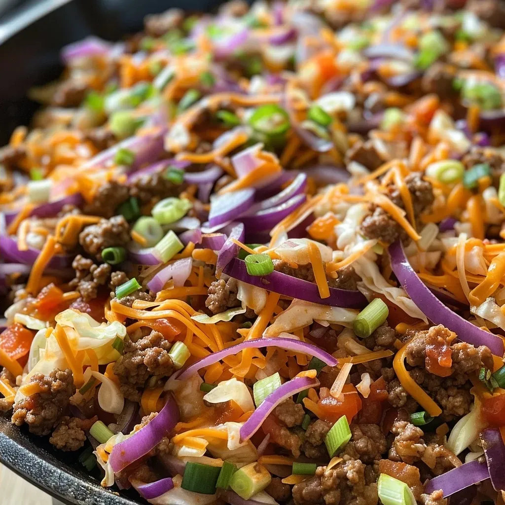 ['Close-up of a sizzling cabbage and ground beef skillet with colorful vegetables.', 'Juicy cabbage and ground beef mixture in a skillet, showcasing vibrant ingredients.', 'Side view of a hearty cabbage and ground beef dish, enhanced with cheese and salsa.', 'Delicious ground beef and cabbage skillet filled with fresh ingredients and spices.']