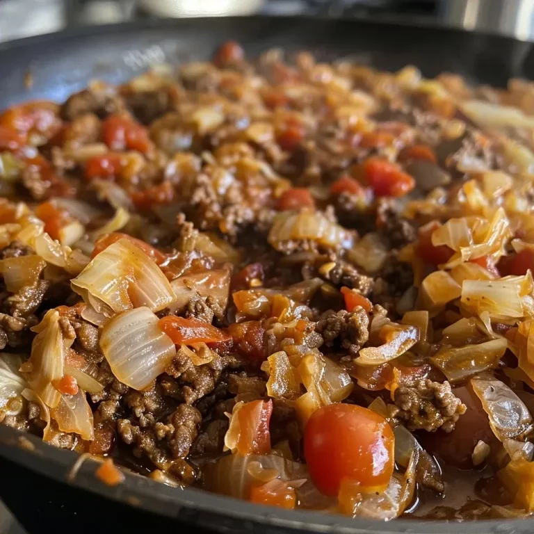 ['Close-up of a colorful dish featuring sautéed cabbage and ground beef with diced tomatoes.', 'Juicy ground beef mixed with chopped cabbage and spices in a vibrant dish.', 'Side view of a hearty meal showcasing cabbage combined with seasoned ground beef.', 'Delicious plate of ground beef and cabbage, garnished and ready to eat.']