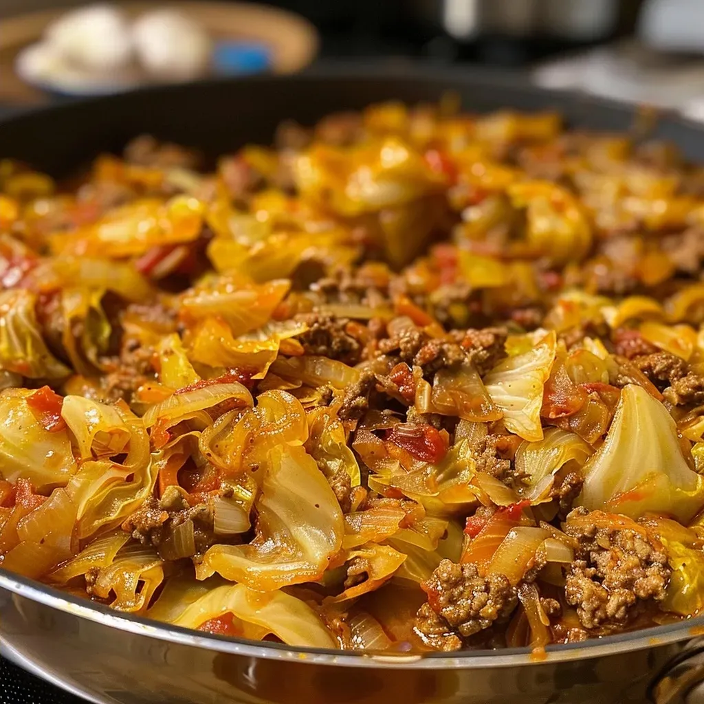 ['Close-up of a colorful dish featuring sautéed cabbage and ground beef with diced tomatoes.', 'Juicy ground beef mixed with chopped cabbage and spices in a vibrant dish.', 'Side view of a hearty meal showcasing cabbage combined with seasoned ground beef.', 'Delicious plate of ground beef and cabbage, garnished and ready to eat.']