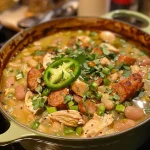 ['A close-up side view of a bowl filled with Cajun White Chicken Chili, showcasing the creamy texture and colorful ingredients.', 'Juicy Cajun White Chicken Chili in a bowl, highlighting the chunks of chicken, beans, and garnishes like cilantro and green onions.', 'A detailed view of Cajun White Chicken Chili, with visible pieces of smoked sausage, bell peppers, and a creamy topping.', 'A vibrant presentation of Cajun White Chicken Chili, featuring a variety of beans and colorful vegetables in a rich broth.']