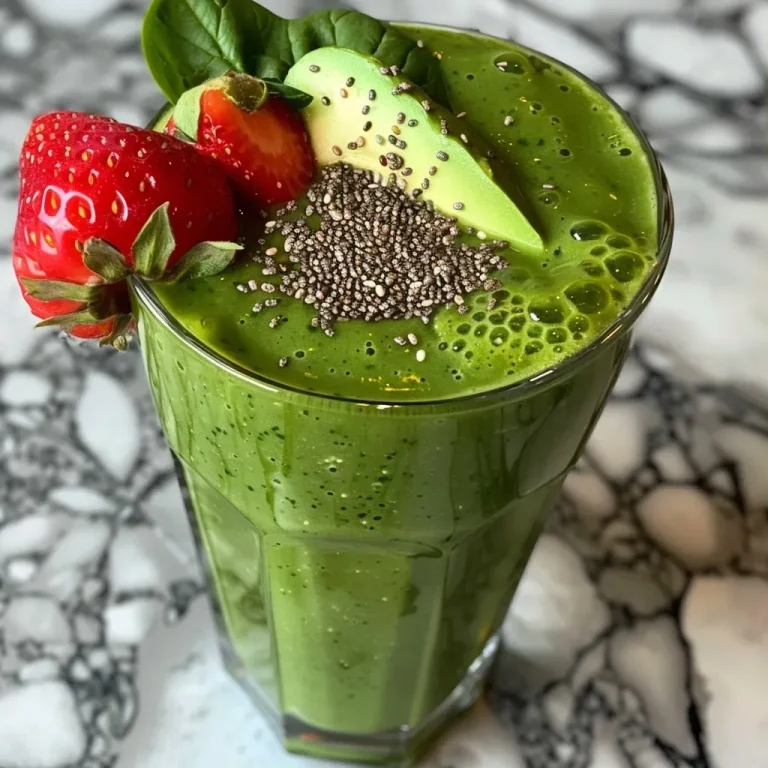 ['A close-up side view of a creamy green smoothie in a glass with fresh ingredients around.', 'A refreshing green smoothie with spinach and avocado, displayed next to chia seeds and strawberries.', 'A vibrant green smoothie in a clear glass, featuring chunks of avocado and surrounded by fresh berries.', 'Smoothie in a glass showing a creamy texture with spinach and colorful strawberries nearby.']