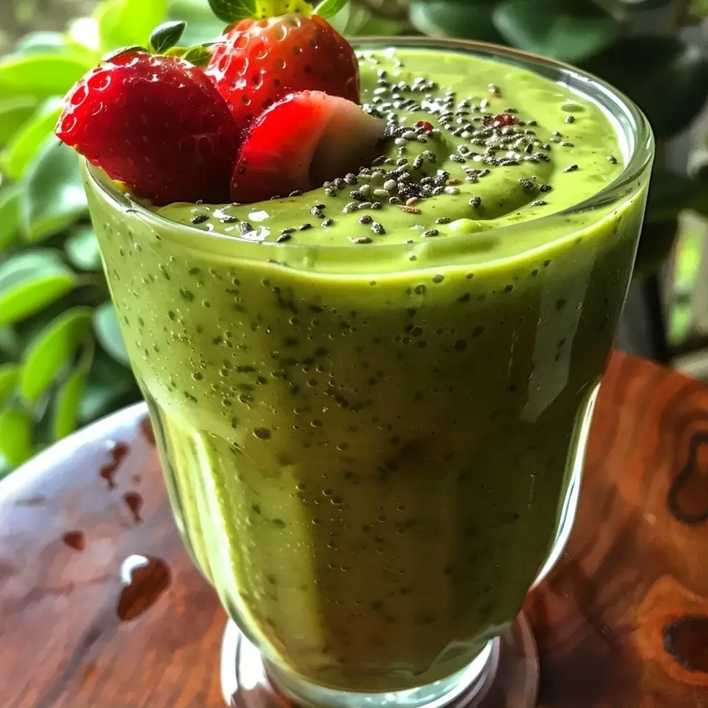 ['A close-up side view of a creamy green smoothie in a glass with fresh ingredients around.', 'A refreshing green smoothie with spinach and avocado, displayed next to chia seeds and strawberries.', 'A vibrant green smoothie in a clear glass, featuring chunks of avocado and surrounded by fresh berries.', 'Smoothie in a glass showing a creamy texture with spinach and colorful strawberries nearby.']