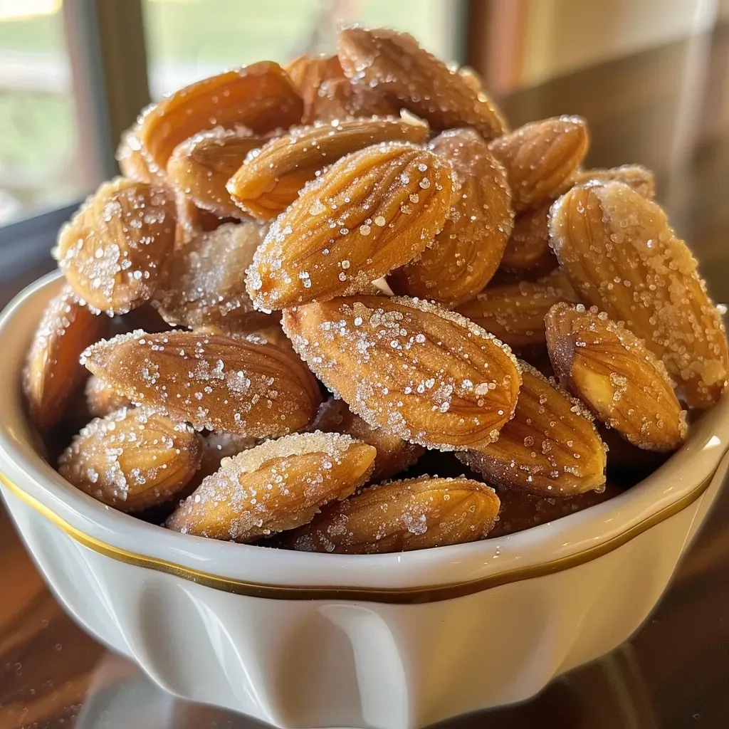 ['Close-up view of golden-brown candied almonds coated in cinnamon and sugar.', 'Side angle of shiny, caramelized almonds sprinkled with cinnamon sugar.', 'Crispy candied almonds displayed in a vibrant bowl, showcasing their glistening surface.', 'A detailed shot of sweet candied almonds, highlighting their irresistible glaze.']