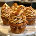 ['A close-up side view of a caramel apple cupcake topped with caramel buttercream and garnished with apple slices and toasted pecans.', 'Delicious caramel apple cupcakes showcasing moist cake and a swirl of caramel frosting, presented on a rustic wooden surface.', 'Side profile of a freshly baked caramel apple cupcake, adorned with a drizzle of caramel sauce and nutty pecan pieces.', 'Close-up image of a luscious caramel apple cupcake, highlighting its texture and decoration with mini pie crust toppers.']
