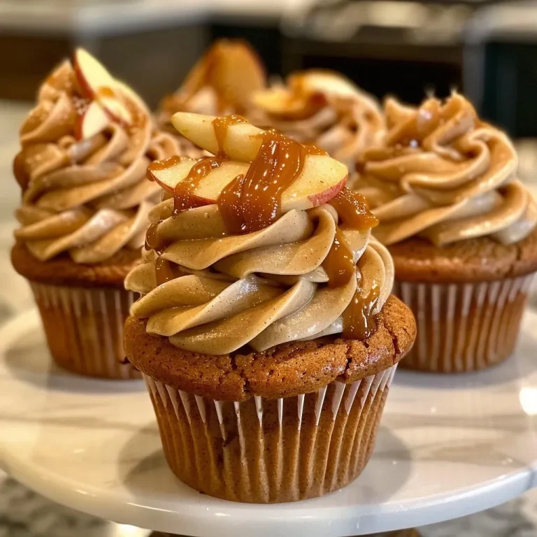 ['A close-up side view of a caramel apple cupcake topped with caramel buttercream and garnished with apple slices and toasted pecans.', 'Delicious caramel apple cupcakes showcasing moist cake and a swirl of caramel frosting, presented on a rustic wooden surface.', 'Side profile of a freshly baked caramel apple cupcake, adorned with a drizzle of caramel sauce and nutty pecan pieces.', 'Close-up image of a luscious caramel apple cupcake, highlighting its texture and decoration with mini pie crust toppers.']