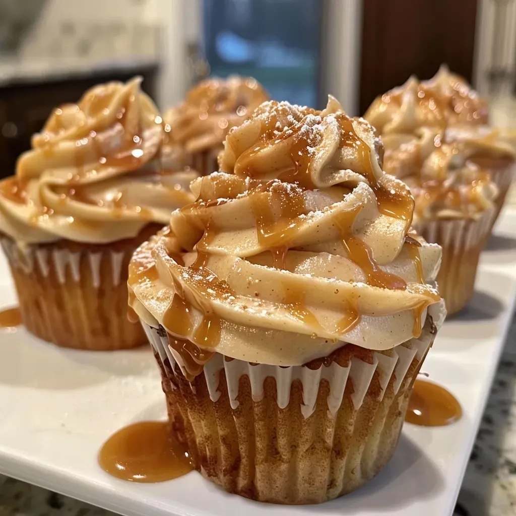 ['A close-up side view of a caramel apple cupcake topped with caramel buttercream and garnished with apple slices and toasted pecans.', 'Delicious caramel apple cupcakes showcasing moist cake and a swirl of caramel frosting, presented on a rustic wooden surface.', 'Side profile of a freshly baked caramel apple cupcake, adorned with a drizzle of caramel sauce and nutty pecan pieces.', 'Close-up image of a luscious caramel apple cupcake, highlighting its texture and decoration with mini pie crust toppers.']